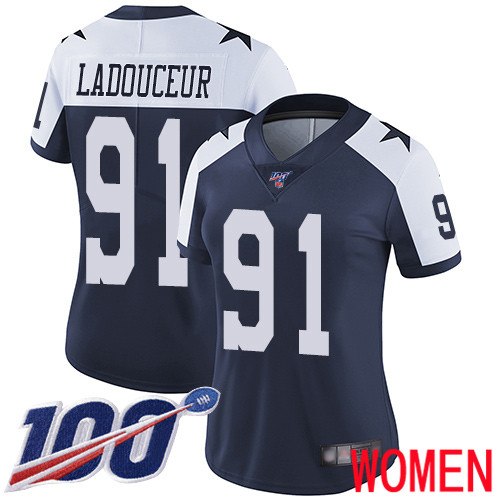 Women Dallas Cowboys Limited Navy Blue L. P. Ladouceur Alternate 91 100th Season Vapor Untouchable Throwback NFL Jersey